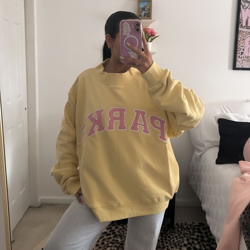 Parke Yellow Sweatshirt with Pink Lettering